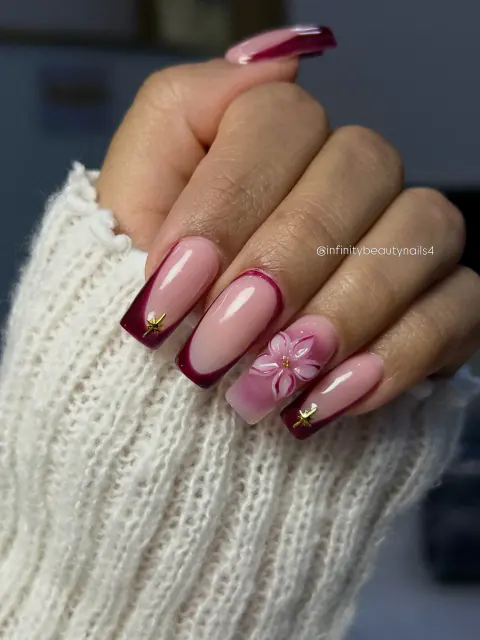 Soft gel cuadrado con detalles en vinotinto y flor